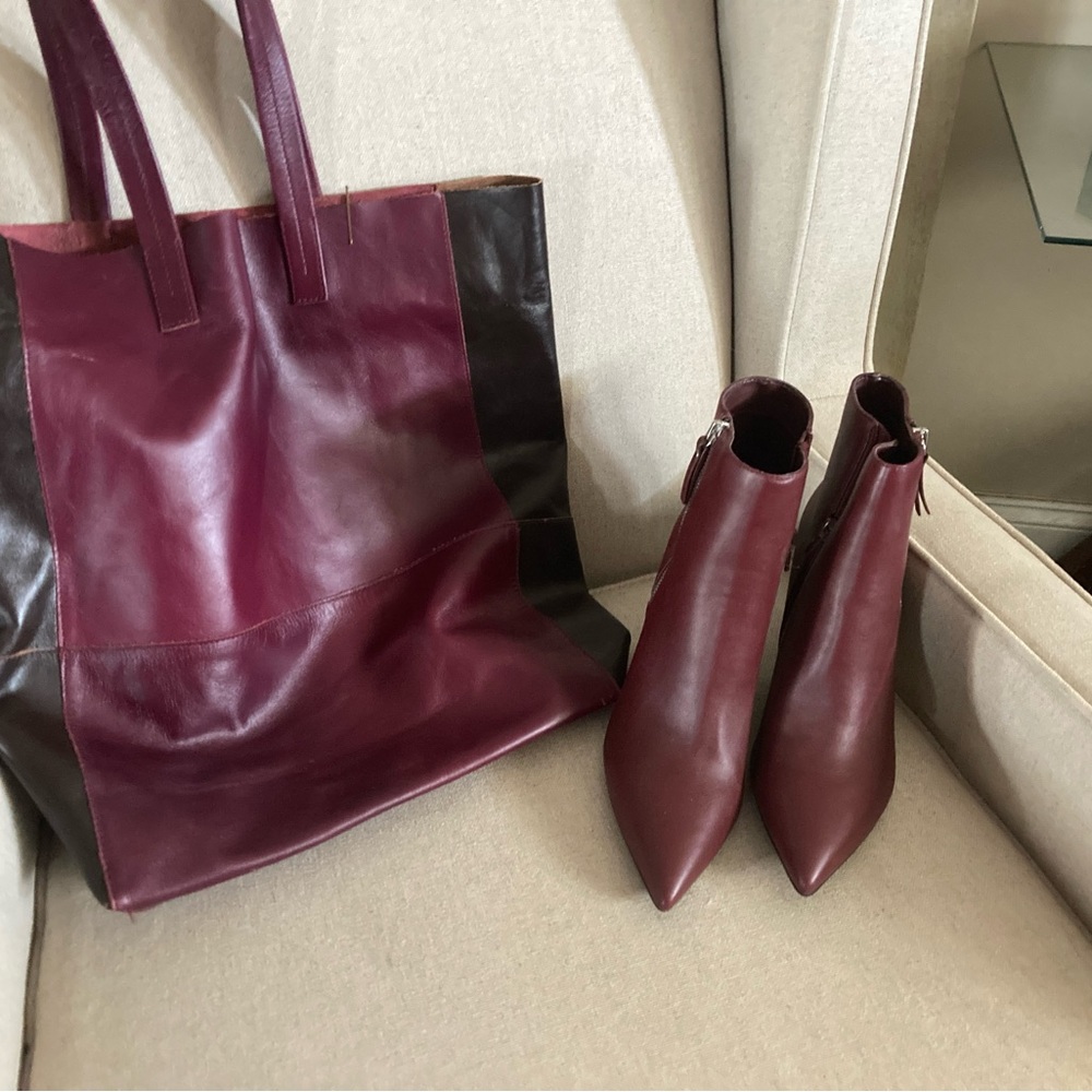 Raspberry/Brown panel leather bag